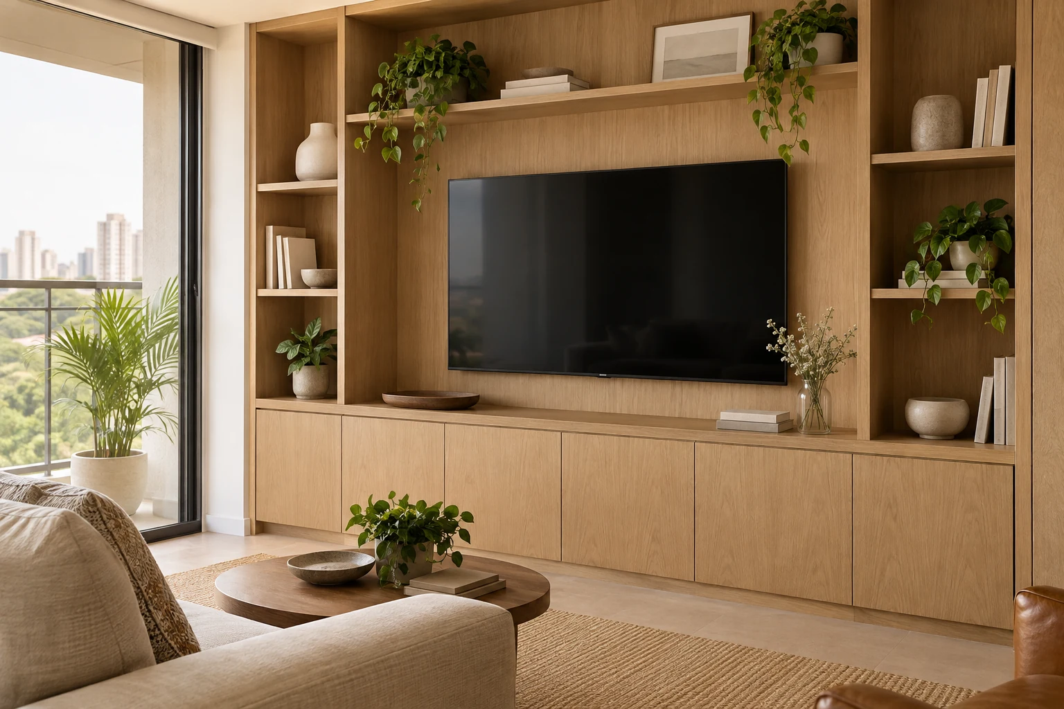 Conceito de sala de estar com estante e painel de madeira feitos sob medida